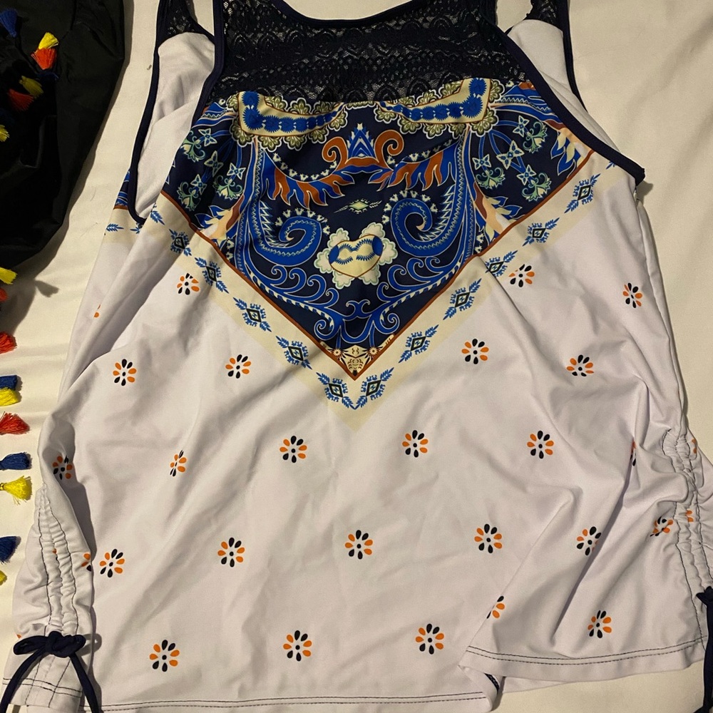 Blue and white swim top.